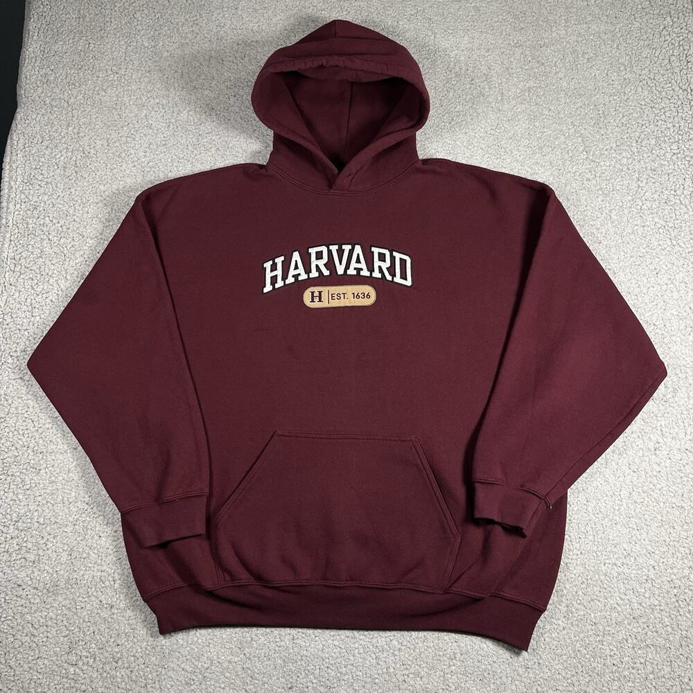 Harvard University Hoodie Mens 2XL Embroidered Spellout Burgundy Sweatshirt
